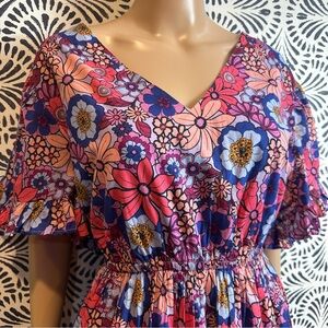 Terra & Sky Retro Floral Lilac Bud Printed Cotton V Neck Summer Dress